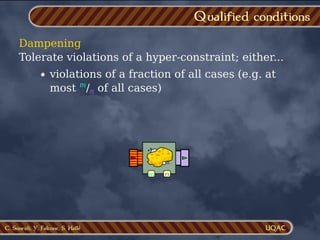 C. Soueidi, Y. Falcone, S. Hallé
violations of a fraction of all cases (e.g. at
most m
/n of all cases)
n
m
Dampening
Tolerate violations of a hyper-constraint; either...
Qualified conditions
 