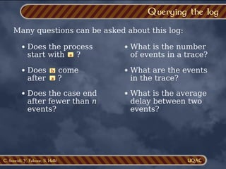 C. Soueidi, Y. Falcone, S. Hallé
Querying the log
Many questions can be asked about this log:
Does the process
start with ?
a
Does come
after ?
a
b
Does the case end
after fewer than n
events?
What is the number
of events in a trace?
What are the events
in the trace?
What is the average
delay between two
events?
 