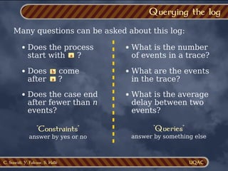 C. Soueidi, Y. Falcone, S. Hallé
Querying the log
Many questions can be asked about this log:
Does the process
start with ?
a
Does come
after ?
a
b
Does the case end
after fewer than n
events?
What is the number
of events in a trace?
What are the events
in the trace?
What is the average
delay between two
events?
"Constraints"
answer by yes or no
"Queries"
answer by something else
 