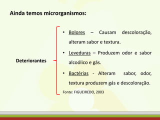 • Bolores – Causam descoloração,
alteram sabor e textura.
• Leveduras – Produzem odor e sabor
alcoólico e gás.
• Bactérias - Alteram sabor, odor,
textura produzem gás e descoloração.
Fonte: FIGUEIREDO, 2003
Deteriorantes
Ainda temos microrganismos:
 