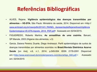 Referências Bibliográficas
• ALVES, Rejane. Vigilância epidemiológica das doenças transmitidas por
alimentos – VE-DTA. São Paulo: Ministério da saúde, 2014. Disponível em <http://
www.anrbrasil.org.br/new/pdfs/2014/3_PAINEL_ApresentaçãoRejaneAlvesVigilância
Epidemiologica-VE-DTA-Agosto_2014_PDF.pdf> Acessado em 02/04/2015.
• FIGUEIREDO, Roberto Martins. As armadilhas de uma cozinha. Barueri,
SP:Manole, 2003 (Higiene dos alimentos, v.3)
• Garcia, Daiana Pereira; Duarte, Diego Andreazzi. Perfil epidemiológico de surtos de
doenças transmitidas por alimentos ocorridos no Brasil.Revista Eletrônica Acervo
Saúde [on line], v.6, n.1, 2014. p.545-554 ISSN 2178-2091 Disponível
em:<http://www.acervosad.dominiotemporario.com/doc/artigo_040.pdf.> Acessado
em: 02/04/2015
 