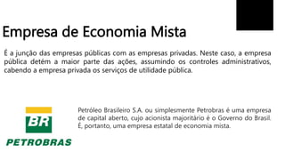 Empresa de Economia Mista
É a junção das empresas públicas com as empresas privadas. Neste caso, a empresa
pública detém a maior parte das ações, assumindo os controles administrativos,
cabendo a empresa privada os serviços de utilidade pública.
Petróleo Brasileiro S.A. ou simplesmente Petrobras é uma empresa
de capital aberto, cujo acionista majoritário é o Governo do Brasil.
É, portanto, uma empresa estatal de economia mista.
 