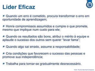 Líder Eficaz
Quando um erro é cometido, procura transformar o erro em
oportunidade de aprendizagem;
Honra compromissos assumidos e cumpre o que promete,
mesmo que implique num custo para ele;
Quando os resultados são bons, atribui o mérito à equipe e
aplaude o sucesso dos outros sem querer “levar fama”;
Quando algo sai errado, assume a responsabilidade;
Cria condições que favorecem o sucesso das pessoas e
promove sua independência;
Trabalha para tornar-se gradualmente desnecessário.
Fonte: The Ken Blanchard Companies
 