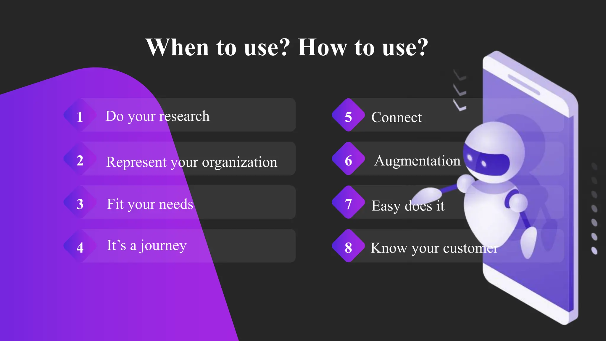 When to use? How to use?
Do your research
1
Represent your organization
2
Fit your needs
3
It’s a journey
4
Connect
5
Augmentation
6
Easy does it
7
Know your customer
8
 