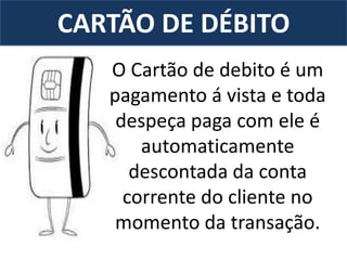 CARTÃO DE DÉBITO
O Cartão de debito é um
pagamento á vista e toda
despeça paga com ele é
automaticamente
descontada da conta
corrente do cliente no
momento da transação.
 