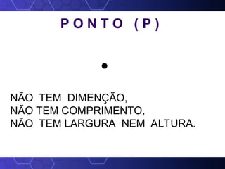 P O N T O ( P )
NÃO TEM DIMENÇÃO,
NÃO TEM COMPRIMENTO,
NÃO TEM LARGURA NEM ALTURA.
 