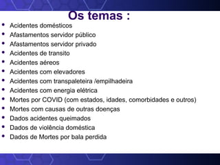 Os temas :
 Acidentes domésticos
 Afastamentos servidor público
 Afastamentos servidor privado
 Acidentes de transito
 Acidentes aéreos
 Acidentes com elevadores
 Acidentes com transpaleteira /empilhadeira
 Acidentes com energia elétrica
 Mortes por COVID (com estados, idades, comorbidades e outros)
 Mortes com causas de outras doenças
 Dados acidentes queimados
 Dados de violência doméstica
 Dados de Mortes por bala perdida
 