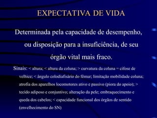 EXPECTATIVA DE VIDA
Determinada pela capacidade de desempenho,
ou disposição para a insuficiência, de seu
órgão vital mais fraco.
Sinais: < altura; < altura da coluna; > curvatura da coluna = cifose de
velhice; < ângulo colodiafisário do fêmur; limitação mobilidade coluna;
atrofia dos aparelhos locomotores ativo e passivo (piora do apoio); >
tecido adiposo e conjuntivo; alteração da pele; embraquecimento e
queda dos cabelos; < capacidade funcional dos órgãos de sentido
(envelhecimento do SN)
 