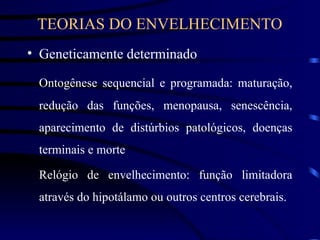 TEORIAS DO ENVELHECIMENTO
• Geneticamente determinado
Ontogênese sequencial e programada: maturação,
redução das funções, menopausa, senescência,
aparecimento de distúrbios patológicos, doenças
terminais e morte
Relógio de envelhecimento: função limitadora
através do hipotálamo ou outros centros cerebrais.
 