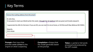 | Key Terms
Prompt—Text input that
provides some context to the
engine on what is expecting.
Completion—Output that
the model generates based
on the prompt.
some context
Token — partial or full words
processed and produced by
the GPT models
 