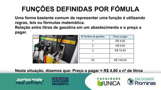 Uma forma bastante comum de representar uma função é utilizando
regras, leis ou fórmulas matemática.
Relação entre litros de gasolina em um abastecimento e o preço a
pagar.
Nesta situação, dizemos que: Preço a pagar = R$ 4,80 x nº de litros
FUNÇÕES DEFINIDAS POR FÓMULA
 