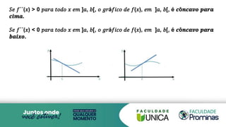 𝑆𝑒 𝑓´´(𝑥) > 0 𝑝𝑎𝑟𝑎 𝑡𝑜𝑑𝑜 𝑥 𝑒𝑚 ]𝑎, 𝑏[, 𝑜 𝑔𝑟á𝑓𝑖𝑐𝑜 𝑑𝑒 𝑓(𝑥), 𝑒𝑚 ]𝑎, 𝑏[, é 𝒄ô𝒏𝒄𝒂𝒗𝒐 𝒑𝒂𝒓𝒂
𝒄𝒊𝒎𝒂.
𝑆𝑒 𝑓´´(𝑥) < 0 𝑝𝑎𝑟𝑎 𝑡𝑜𝑑𝑜 𝑥 𝑒𝑚 ]𝑎, 𝑏[, 𝑜 𝑔𝑟á𝑓𝑖𝑐𝑜 𝑑𝑒 𝑓(𝑥), 𝑒𝑚 ]𝑎, 𝑏[, é 𝒄ô𝒏𝒄𝒂𝒗𝒐 𝒑𝒂𝒓𝒂
𝒃𝒂𝒊𝒙𝒐.
 