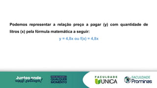 Podemos representar a relação preço a pagar (y) com quantidade de
litros (x) pela fórmula matemática a seguir:
y = 4,8x ou f(x) = 4,8x
 