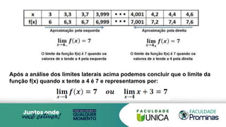 Após a análise dos limites laterais acima podemos concluir que o limite da
função f(x) quando x tente a 4 é 7 e representamos por:
 