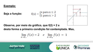 Exemplo:
Seja a função:
Observe, por meio do gráfico, que f(2) = 2 e
desta forma a primeira condição foi contemplada. Mas,
 