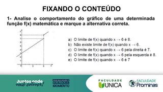 FIXANDO O CONTEÚDO
1- Analise o comportamento do gráfico de uma determinada
função f(x) matemática e marque a alternativa correta.
 