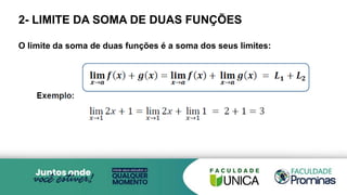 2- LIMITE DA SOMA DE DUAS FUNÇÕES
O limite da soma de duas funções é a soma dos seus limites:
 