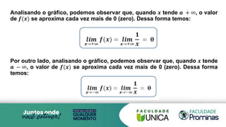 Analisando o gráfico, podemos observar que, quando 𝒙 tende 𝒂 + ∞, o valor
de 𝒇(𝒙) se aproxima cada vez mais de 0 (zero). Dessa forma temos:
Por outro lado, analisando o gráfico, podemos observar que, quando 𝒙 tende
𝒂 − ∞, o valor de 𝒇(𝒙) se aproxima cada vez mais de 0 (zero). Dessa forma
temos:
 