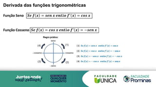 Derivada das funções trigonométricas
Função Seno 𝑺𝒆 𝒇 𝒙 = 𝒔𝒆𝒏 𝒙 𝒆𝒏𝒕ã𝒐 𝒇′ 𝒙 = 𝒄𝒐𝒔 𝒙
Função Cosseno 𝑺𝒆 𝒇 𝒙 = 𝒄𝒐𝒔 𝒙 𝒆𝒏𝒕ã𝒐 𝒇′ 𝒙 = −𝒔𝒆𝒏 𝒙
 