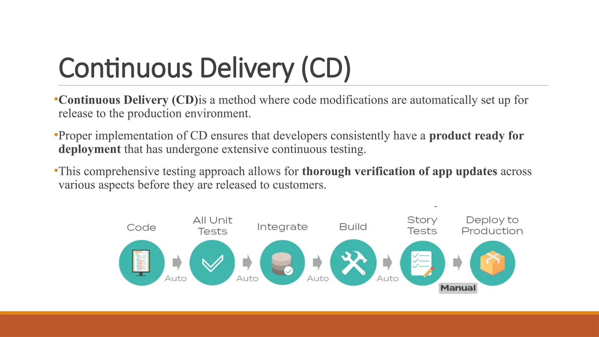 Continuous Delivery (CD) •Continuous Delivery (CD)is a method where code modifications are automatically set up for release to the production environment. •Proper implementation of CD ensures that developers consistently have a product ready for deployment that has undergone extensive continuous testing. •This comprehensive testing approach allows for thorough verification of app updates across various aspects before they are released to customers. 