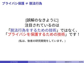 プライバシ保護 ≠ 脱法行為
[誤解のなきように]
注目されているのは
「脱法行為をするための技術」ではなく、
「プライバシを保護するための技術」です！
(私は、後者の研究開発をしています。)
Jun Kurihara Privacy on the Internet 2025-07-11 10 / 70
 