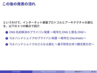 この後の発表の流れ
というわけで、インターネット基盤プロトコルとアーキテクチャの進化
を、以下の 3 つの観点で紹介
1 DNS 名前解決のプライバシ保護 〜暗号化 DNS と匿名 DNS〜
2 TLS ハンドシェイクのプライバシ保護 〜暗号化 ClientHello〜
3 TLS ハンドシェイクのさらなる進化 〜量子耐性を持つ鍵交換方式〜
Jun Kurihara Privacy on the Internet 2025-07-11 18 / 70
 