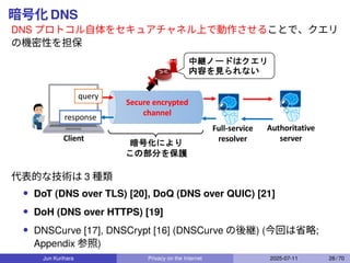 暗号化 DNS
DNS プロトコル自体をセキュアチャネル上で動作させることで、クエリ
の機密性を担保
Full-service
resolver
Authoritative
server
Client
Secure encrypted
channel
query
response
暗号化により
この部分を保護
❌
中継ノードはクエリ
内容を見られない
代表的な技術は 3 種類
• DoT (DNS over TLS) [20], DoQ (DNS over QUIC) [21]
• DoH (DNS over HTTPS) [19]
• DNSCurve [17], DNSCrypt [16] (DNSCurve の後継) (今回は省略;
Appendix 参照)
Jun Kurihara Privacy on the Internet 2025-07-11 28 / 70
 