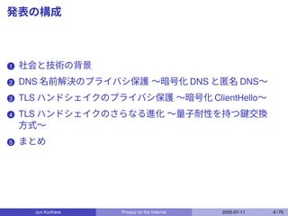 発表の構成
1 社会と技術の背景
2 DNS 名前解決のプライバシ保護 〜暗号化 DNS と匿名 DNS〜
3 TLS ハンドシェイクのプライバシ保護 〜暗号化 ClientHello〜
4 TLS ハンドシェイクのさらなる進化 〜量子耐性を持つ鍵交換
方式〜
5 まとめ
Jun Kurihara Privacy on the Internet 2025-07-11 4 / 70
 