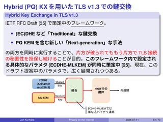 Hybrid (PQ) KX を用いた TLS v1.3 での鍵交換
Hybrid Key Exchange in TLS v1.3
IETF RFC Draft [35] で策定中のフレームワーク。
• (EC)DHE など「Traditional」な鍵交換
• PQ KEM を含む新しい「Next-generation」な手法
の両方を同時に実行することで、片方が破られてももう片方で TLS 接続
の秘匿性を担保し続けることが目的。このフレームワーク内で設定され
る具体的なパラメタ (ECDHE-MLKEM) が同時に策定中 [25]。現在、この
ドラフト提案中のパラメタで、広く展開されつつある。
ECDHE
(X25519 or
secp256r1)
ML-KEM
結合
HKDFでの
攪拌
共通鍵
ECDHE-MLKEMでは
単なるバイナリ連結
Shared
Bits
Random
Key
Jun Kurihara Privacy on the Internet 2025-07-11 61 / 70
 