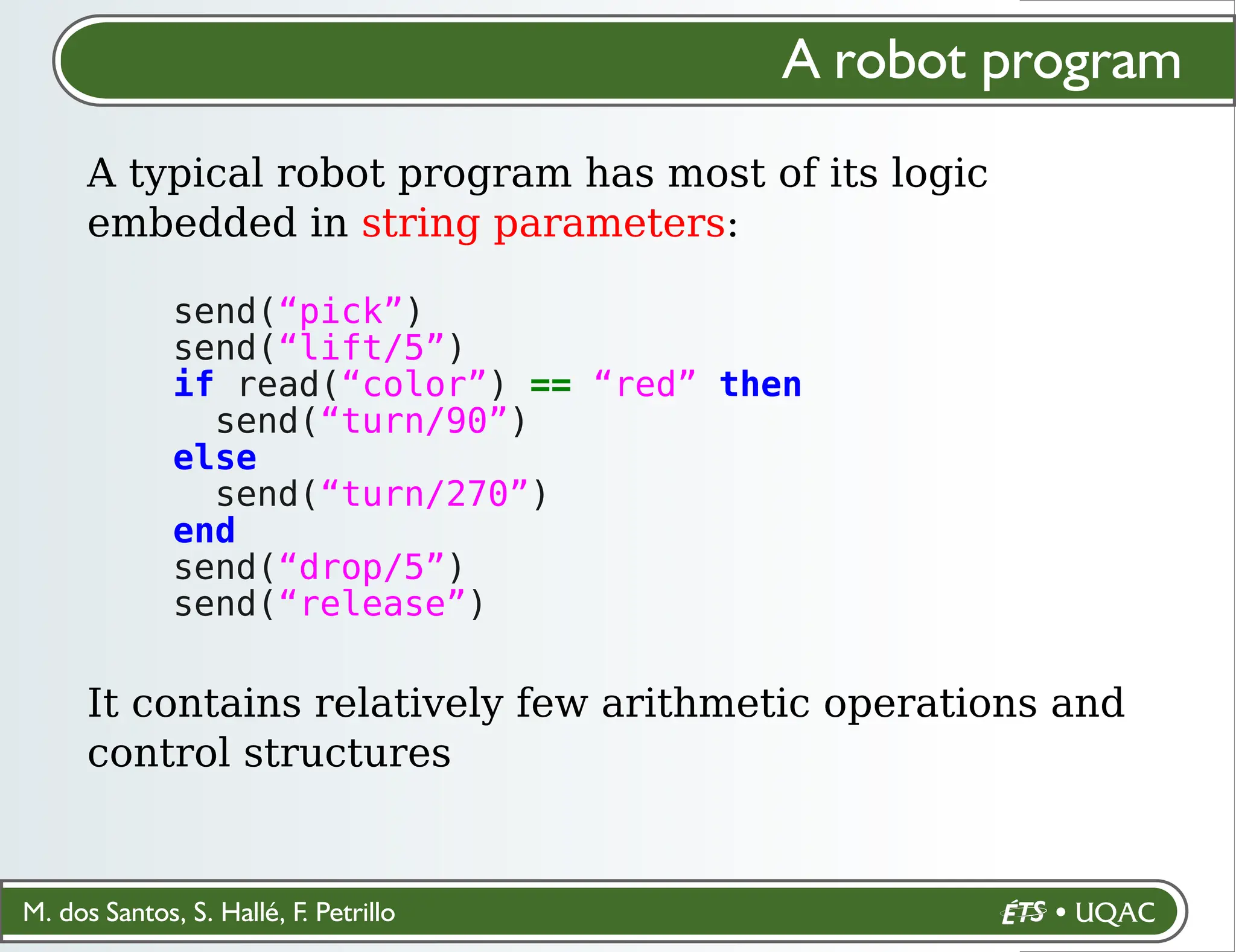 M. dos Santos, S. Hallé, F. Petrillo
A robot program
A typical robot program has most of its logic
embedded in string parameters:
It contains relatively few arithmetic operations and
control structures
send(“pick”)
send(“lift/5”)
if read(“color”) == “red” then
send(“turn/90”)
else
send(“turn/270”)
end
send(“drop/5”)
send(“release”)
 