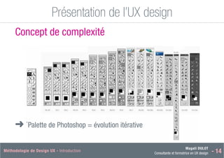 Magali DULOT
Consultante et formatrice en UX design - 14
Méthodologie de Design UX - Introduction Magali DULOT
Designer d’expériences digitales et interactives
Mercredi 29 octobre 2014 - 23
Présentation de l’UX design
Ergonomie des interfaces
Concept de complexité
■
➜ `Palette de Photoshop = évolution itérative
 