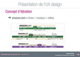 Magali DULOT
Consultante et formatrice en UX design - 18
Méthodologie de Design UX - Introduction Magali DULOT
Designer d’expériences digitales et interactives
Mercredi 29 octobre 2014 - 27
Présentation de l’UX design
Ergonomie des interfaces
Concept d’itération
■
➜ amazon.com = livres + musique + vidéos
 