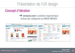 Magali DULOT
Consultante et formatrice en UX design - 21
Méthodologie de Design UX - Introduction Magali DULOT
Designer d’expériences digitales et interactives
Mercredi 29 octobre 2014 - 30
Présentation de l’UX design
Ergonomie des interfaces
Concept d’itération
■
➜ amazon.com = solution ergonomique
menus par catégories ou MEGA MENUS
 