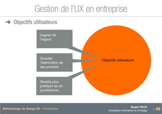 Magali DULOT
Consultante et formatrice en UX design - 49
Méthodologie de Design UX - Introduction
Gestion de l’UX en entreprise
5. L’UXD et l’entreprise / Stratégie de l’entreprise vs objectifs de l’utilisateur
Gagner de
l’argent
Objectifs utilisateurs
Rendre plus
pratique sa vie
quotidienne...
Susciter
l’admiration de
ses proches
➜
➜ Objectifs utilisateurs
 