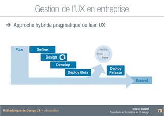 Magali DULOT
Consultante et formatrice en UX design - 70
Méthodologie de Design UX - Introduction
Gestion de l’UX en entreprise
➜
➜ Approche hybride pragmatique ou lean UX
Approche hybride pragmatique
 