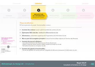Magali DULOT
Consultante et formatrice en UX design - 83
Méthodologie de Design UX - Introduction
Découverte
Analyse de l’existant
AUDIT
2
Expression du besoin
CADRAGE
1
Construire l’interface Itération et feedback Fonctionnelles et graphiques
PROTOTYPAGE TESTS UTILISATEURS SPÉCIFICATIONS
4 5 6
Développement Livraison
Phase de définition :
▼
Fixe le périmètre du projet : fonctionnalités, contenu
• Inventaire des contenus : poser à plat l’ensemble des contenus du site
• Optimisation SEO, mots-clés : améliorer le référencement du site
• Arborescence : présentation graphique de l’organisation de l’information du site
• Mise au point de la navigation principale et de ses fonctionnalités majeures en fonction des Personas
• Inventaire des parcours utilisateurs :
- Concrétiser les besoins des Personas sous forme de parcours
- Établir la liste des actions que les visiteurs veulent accomplir sur le site
- Permettre d’orienter la conception du site
• Inventaire des gabarits et fonctionnalités :
- Permet de détailler de manière précise l’intégralité de éléments nécessaires à la fabrication du site
Atelier client de restitution
pour validation
• Présentation de l’arborescence
• 
Présentation des parcours
utilisateurs
• Présentation du menu
Livrables
• Arborescence
• Parcours utilsateurs
• Menu
Définition
3
Structurer le contenu
ARCHITECTURE
DE L’INFORMATION
 
