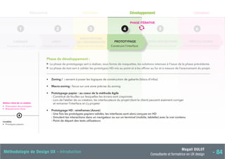 Magali DULOT
Consultante et formatrice en UX design - 84
Méthodologie de Design UX - Introduction
Définition
3
Structurer le contenu
ARCHITECTURE
DE L’INFORMATION
Découverte
Analyse de l’existant
AUDIT
2
Expression du besoin
CADRAGE
1
Itération et feedback Fonctionnelles et graphiques
TESTS UTILISATEURS SPÉCIFICATIONS
4 5 6
Livraison
Phase de développement :
▼
La phase de prototypage sert à réaliser, sous forme de maquettes, les solutions retenues à l’issue de la phase précédente.
▼
La phase de test sert à valider les prototypes HD mis au point et à les affiner au fur et à mesure de l’avancement du projet.
• Zoning / : servent à poser les logiques de construction de gabarits (blocs d’infos)
• Macro-zoning : focus sur une zone précise du zoning
• Prototypage papier : au coeur de la méthode Agile
- Constitué de feuilles sur lesquelles les écrans sont crayonnés
- 
Lors de l’atelier de co-création, les interlocuteurs du projet (dont le client) peuvent aisément corriger
et remanier l’interface et s’y projeter
• 
Prototypage HD : wireframes (Axure)
- Une fois les prototypes papiers validés, les interfaces sont alors conçues en HD
- Simulent les interactions dans un navigateur ou sur un terminal (mobile, tablette) avec le vrai contenu
- Point de départ des tests utilisateurs
Ateliers client de co-création
• Présentation des prototypes
• Réajustements clients
Livrables
• Prototypes papiers
Construire l’interface
PROTOTYPAGE
Développement
PHASE ITÉRATIVE
 