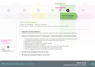 Magali DULOT
Consultante et formatrice en UX design - 85
Méthodologie de Design UX - Introduction
4
Construire l’interface
PROTOTYPAGE
Définition
3
Structurer le contenu
ARCHITECTURE
DE L’INFORMATION
Découverte
Analyse de l’existant
AUDIT
2
Expression du besoin
CADRAGE
1
Fonctionnelles et graphiques
SPÉCIFICATIONS
6
Livraison
Phase de développement :
▼
Phase de prototypage : réaliser les maquettes
▼
Phase de test : valider les prototypes HD mis au point et les affiner au fur et à mesure
• Préparation des tests utilisateurs :
• Définition du protocole du test (cadre de l’étude, scénario du test, profils des participants, planning )
• Sessions et animations de tests (5 à 7 participants) : séances de pensées à voix haute par le testeur
1- Comprend la description de la tâche mais n’arrive pas à l’accomplir dans un temps raisonnable
2- Comprend l’objectif à atteindre mais doit essayer différentes approches
3- Abandonne en cours de route
4- Effectue une tâche différente de celle demandée
5- Manifeste de la surprise ou du plaisir
6- Manifeste de la frustration ou de l’embarras voire se reproche de ne pas réussir
7- Se plaint d’un élément qui ne fonctionne pas ou qui n’a aucun sens
8- Fait une suggestion concernant l’interface ou le flux des opérations
• Corrections des prototypes à l’issue de ces tests
• Re-testing des prototypes corrigés et re-correction
Atelier client de restitution
pour validation
• Réunions d’analyses
• Comptes-rendus
Livrables
• Restitution des tests
• Prototypes HD finaux (Axure)
Développement
Itération et feedback
TESTS UTILISATEURS
5
PHASE ITÉRATIVE
 