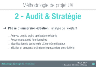 Magali DULOT
Consultante et formatrice en UX design - 89
Méthodologie de Design UX - Introduction
Méthodologie de projet UX
2 - Audit  Stratégie
➜
➜ Phase d’immersion-idéation : analyse de l’existant
―
― Analyse du site web / application existants
―
― Recommandations fonctionnelles
―
― Modélisation de la stratégie UX centrée utilisateur
―
― Idéation et concept : brainstorming et ateliers de créativité
 