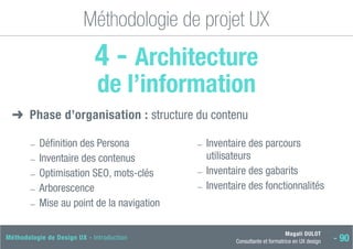 Magali DULOT
Consultante et formatrice en UX design - 90
Méthodologie de Design UX - Introduction
Méthodologie de projet UX
4 - Architecture
de l’information
➜
➜ Phase d’organisation : structure du contenu
―
― Définition des Persona
―
― Inventaire des contenus
―
― Optimisation SEO, mots-clés
―
― Arborescence
―
― Mise au point de la navigation
―
― 
Inventaire des parcours
utilisateurs
―
― Inventaire des gabarits
―
― Inventaire des fonctionnalités
 