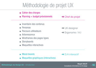 Magali DULOT
Consultante et formatrice en UX design - 95
Méthodologie de Design UX - Introduction
Méthodologie de projet UX
■
■ Cahier des charges
■
■ Planning + budget prévisionnels
■
■ Inventaire des contenus
■
■ Personas
■
■ Parcours utilisateurs
■
■ Arborescence
■
■ Wireframes des pages types
■
■ Storyboards
■
■ Maquettes interactives
■
■ Mood-boards
■
■ Maquettes graphiques (interactives)
➜ Chef de projet
➜ D.A interactif
➜ UX designer
➜ Ergonome / A.I
 