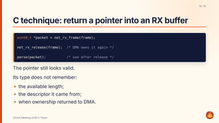 Ctechnique:returnapointerintoanRXbuffer
uint8_t *packet = net_rx_frame(frame);
net_rx_release(frame); /* DMA owns it again */
parse(packet); /* use after release */
The pointer still looks valid.
Its type does not remember:
the available length;
the descriptor it came from;
when ownership returned to DMA.
10 / 15
OCaml Meeting 2026 in Tokyo
10
 