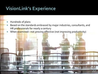 3333
VisionLink’s Experience
 Hundreds of plans
 Based on the standards embraced by major industries, consultants, and
HR professionals for nearly a century
 When examined—not proving effective (not improving productivity)
33
 