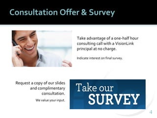 44
Take advantage of a one-half hour
consulting call with a VisionLink
principal at no charge.
Indicate interest on final survey.
Consultation Offer & Survey
Request a copy of our slides
and complimentary
consultation.
We value your input.
 