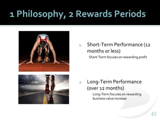4343
1 Philosophy, 2 Rewards Periods
1. Short-Term Performance (12
months or less)
Short-Term focuses on rewarding profit
2. Long-Term Performance
(over 12 months)
Long-Term focuses on rewarding
business value increase
 