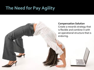 4646
The Need for Pay Agility
Compensation Solution
Create a rewards strategy that
is flexible and combine it with
an operational structure that is
enduring.
 