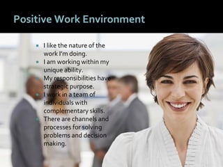 6060
Positive Work Environment
 I like the nature of the
work I’m doing.
 I am working within my
unique ability.
 My responsibilities have
strategic purpose.
 I work in a team of
individuals with
complementary skills.
 There are channels and
processes for solving
problems and decision
making.
 