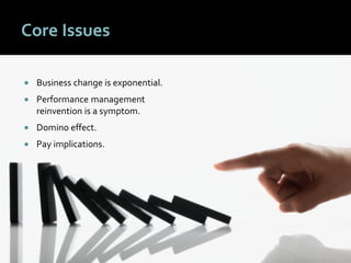 77
Core Issues
 Business change is exponential.
 Performance management
reinvention is a symptom.
 Domino effect.
 Pay implications.
 