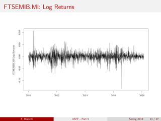 FTSEMIB.MI: Log Returns
2010 2012 2014 2016 2018
-0.10-0.050.000.050.10
FTSEMIB.MILogReturns
F. Bianchi ASFF - Part 5 Spring 2018 13 / 27
 
