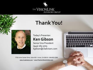 6464
Today’s Presenter:
Ken Gibson
SeniorVice President
(949) 265-5703
kgibson@vladvisors.com
7700 Irvine Center Drive, Su...
